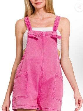 Zenana Outfitters Pink Denim Short Overalls Romper